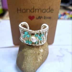 Handmade ring silver plated pearls and crystals